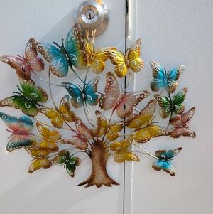 Vintage Multicolored Metal Butterfly "Tree of Life" Wall Art